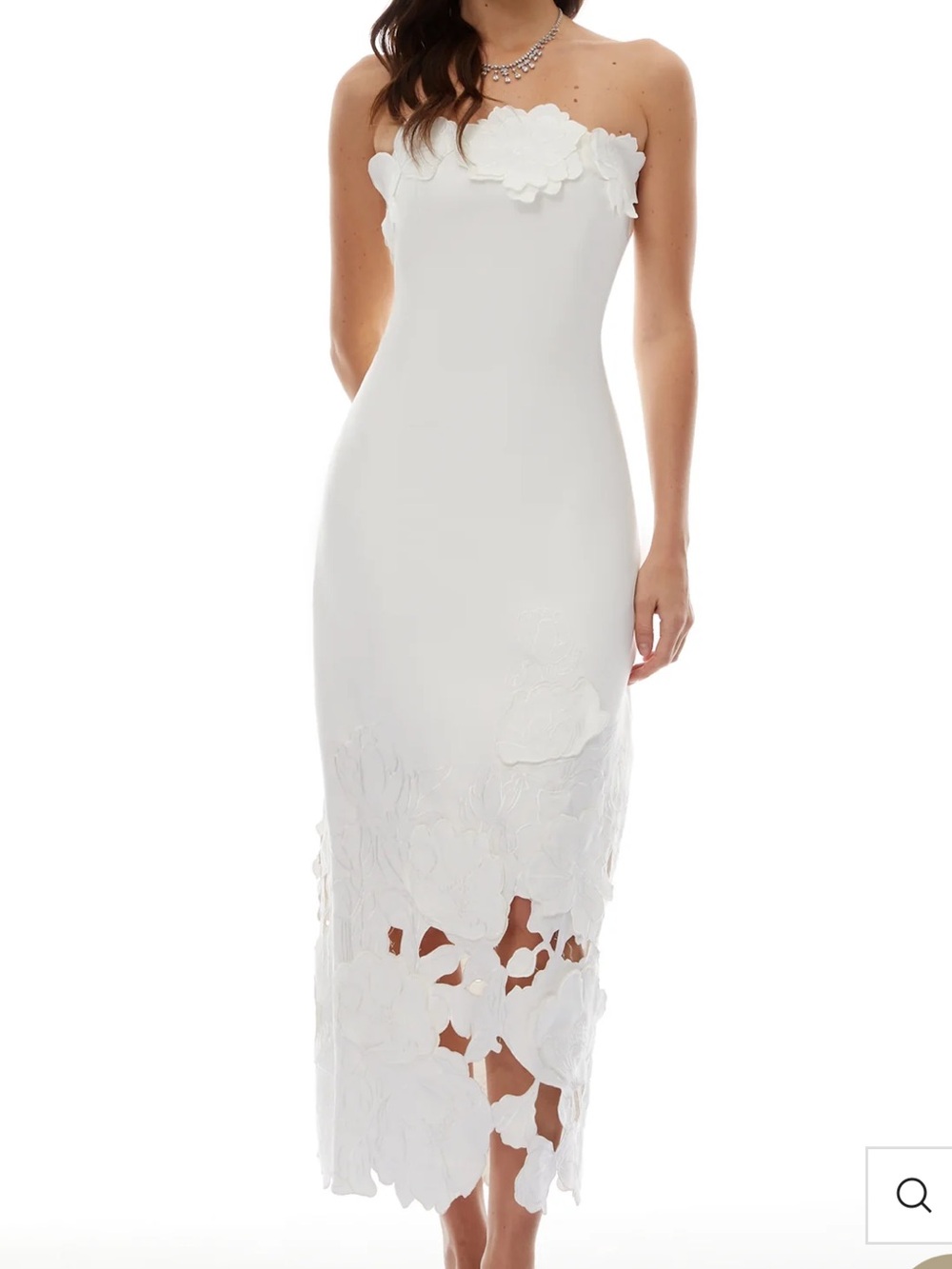 Strapless White Floral Appliqué Midi Dress